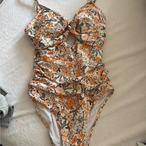 Cupshe Floral One Piece Swimsuit - Orange and Cream
